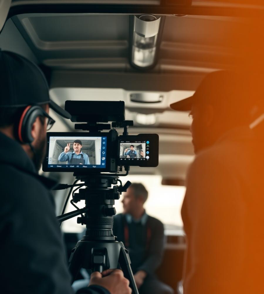 Camera crew filming an HVAC technician in a service van