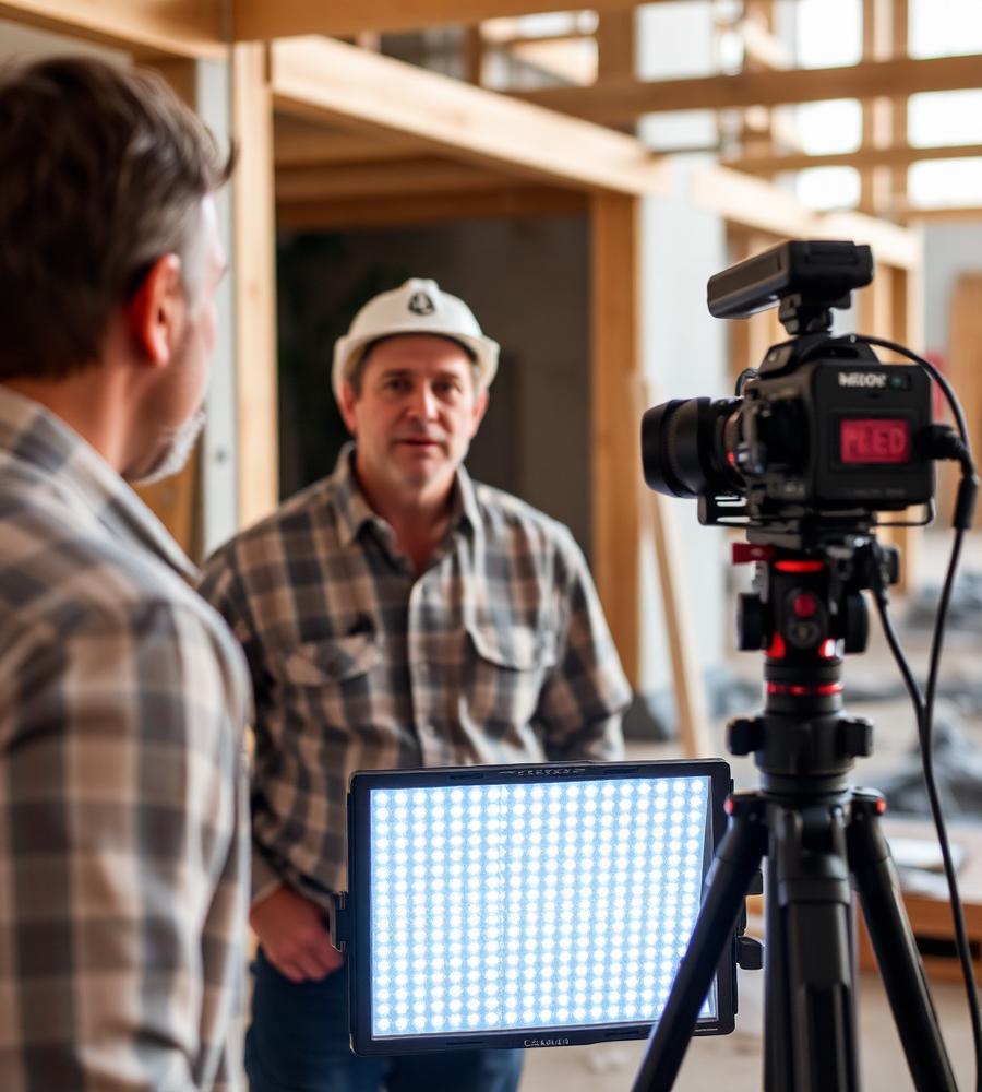 Contractor being filmed on a job site with an LED panel